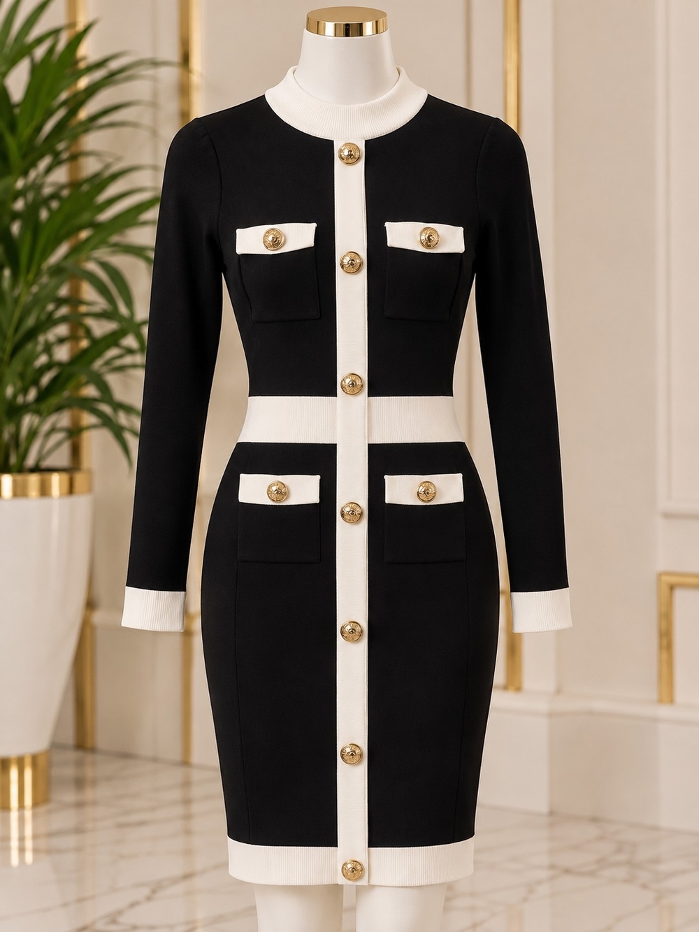 Chic Black & White Contrast Button Mini Dress